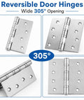 Eight Pack Heavy Duty Stainless Steel Door Hinges 4x4 Inches With Ball Bearing, 3mm Thick Brushed Nickel Finish, shown in 305° open position.