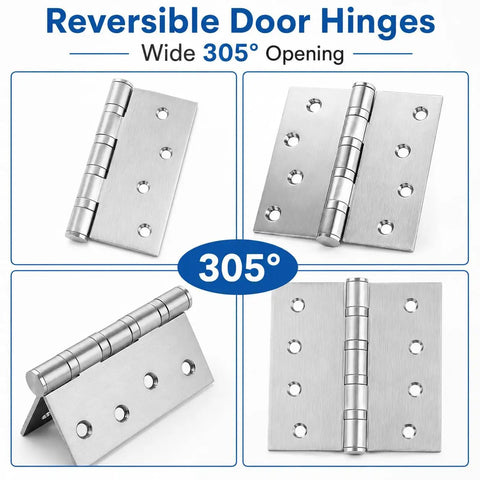 Eight Pack Heavy Duty Stainless Steel Door Hinges 4x4 Inches With Ball Bearing, 3mm Thick Brushed Nickel Finish, shown in 305° open position.