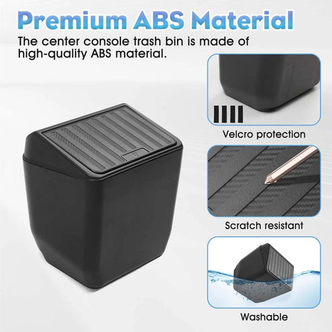 Tesla Model Y Juniper Rear Trash Can With Press Open Design Center Console Organizer And Backseat Storage Box Underseat Tray For 2025 2026 Model Y Black, showcasing ABS material features.