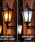 Side-by-side comparison of "4 Pack Amber Yellow LED Bug Light Bulbs 9W Equivalent to 100W E26 Base for Outdoor Porch Lighting Keeps Bugs Away With Warm Sleep Friendly Glow Great for Patio Bedroom Night Lights and Decorative Lamps" on the left and ordinary lamp on the right showing bug repelling effect.