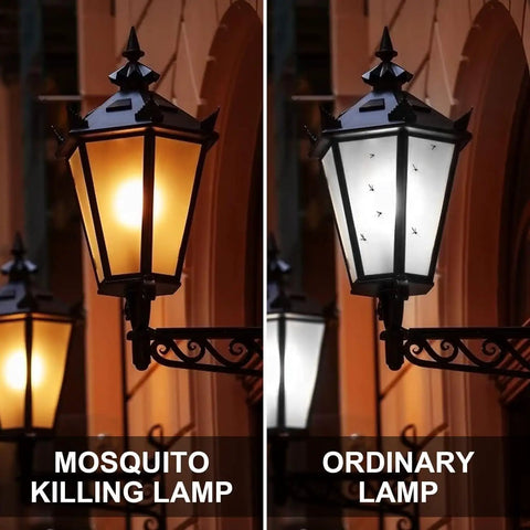 Side-by-side comparison of "4 Pack Amber Yellow LED Bug Light Bulbs 9W Equivalent to 100W E26 Base for Outdoor Porch Lighting Keeps Bugs Away With Warm Sleep Friendly Glow Great for Patio Bedroom Night Lights and Decorative Lamps" on the left and ordinary lamp on the right showing bug repelling effect.