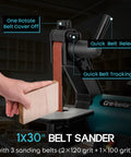 Rock Solid 6 Inch Bench Grinder And 1X30 Belt Sander Combo Quiet Workhorse Motor Delivers Smooth 3600 Rpm Power For Serious Metalworking knife sharpening. 1x30 inch belt sander in use with sanding belt and wood block.
