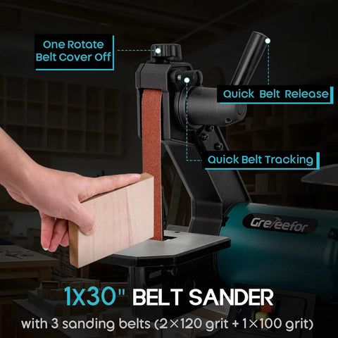Rock Solid 6 Inch Bench Grinder And 1X30 Belt Sander Combo Quiet Workhorse Motor Delivers Smooth 3600 Rpm Power For Serious Metalworking knife sharpening. 1x30 inch belt sander in use with sanding belt and wood block.