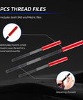 Image of three thread files with red handles, part of the All In One Pro Grade 61 Piece Thread Restorer Kit With Dual Standard Taps And Dies For UNC UNF And M6 M14 Threads Heat Treated Carbon Steel Heavy Duty Auto And Mechanical Repair Includes Thread Files And Pitch Gauges.