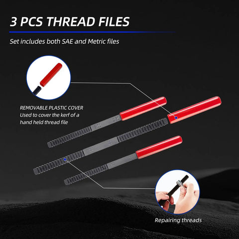 Image of three thread files with red handles, part of the All In One Pro Grade 61 Piece Thread Restorer Kit With Dual Standard Taps And Dies For UNC UNF And M6 M14 Threads Heat Treated Carbon Steel Heavy Duty Auto And Mechanical Repair Includes Thread Files And Pitch Gauges.