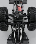 Undercarriage view of Beefed-Up Hi-Clearance Suspension Linkage Upgrade Kit for 1/10 Scale Fusion and Ascent RC Crawler with stainless steel links.