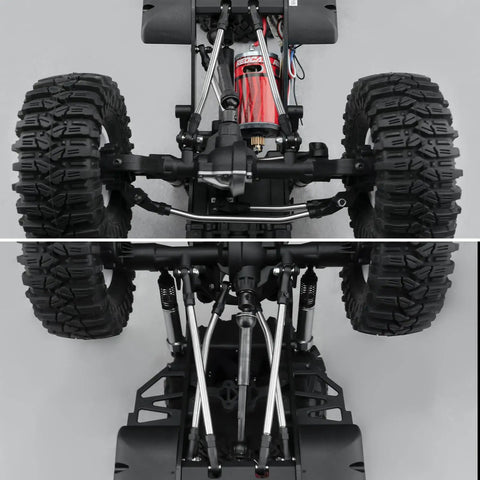Undercarriage view of Beefed-Up Hi-Clearance Suspension Linkage Upgrade Kit for 1/10 Scale Fusion and Ascent RC Crawler with stainless steel links.