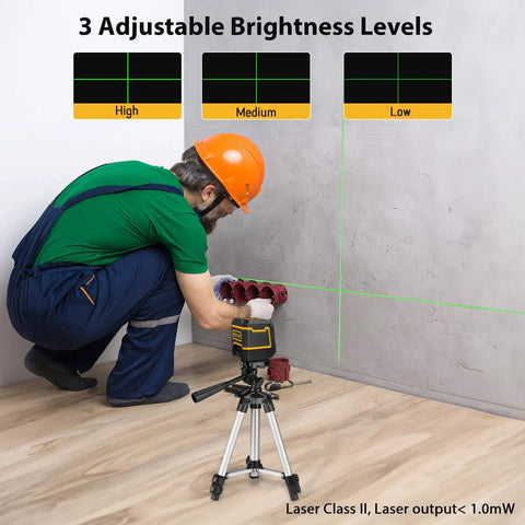 Person using Green Cross Line Laser Level With Tripod Self Leveling For Indoor Outdoor Use 82 Ft Range Picture Hanging Tile And Wall Renovation Tool