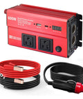 Kickass 600W Car Power Inverter Converts 12V DC To 110V AC With PD 30W USB C Port and Dual AC Plugs, red unit with cables.