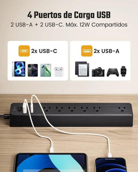 Mountable Power Strip With USB C And USB A Ports Surge Protector 10 In One Charging Hub shown in use with connected devices