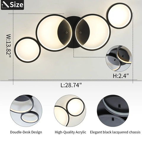 Ultra Sleek Modern LED Flush Mount Ceiling Light With Four Ring Design, 28.7 Inch Black Fixture showing dimensions and details