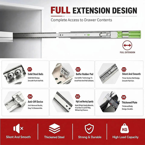 Diagram of 10 Pair Drawer Slides 22 Inch Side Mount Built Tough Ball Bearing Cabinet Drawer Glides Full Extension Kitchen Rails