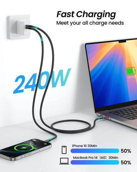 Crazy Fast USB4 Cable for Thunderbolt 5, 80Gbps Data Transfer, 4 Ft Length, 240W Power Delivery, USB-IF Certified, Bidirectional High Speed Link for Mac PC and Studio Gear charging a laptop and phone