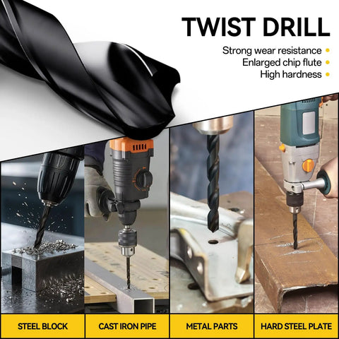 Multiple drills using the Beefy 16-Piece Drill Bit Set For Metal, Wood, Plastic, And Drywall on various materials.