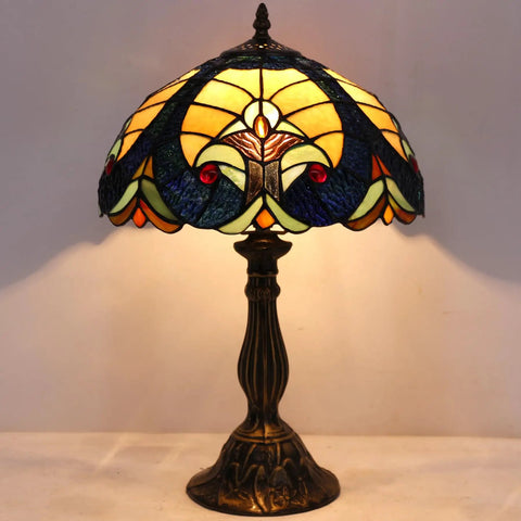 Tiffany Style Stained Glass Bedside Table Lamp With Blue And Yellow Panels, Cozy Glow Reading And Desk Light, 12 By 12 By 18 Inches, Decor For Bedroom Living Room And Home Office, UL Listed, On Cord Switch, S160E Series