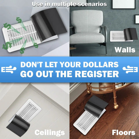 Six Pack Magnetic Vent Covers For Home HVAC 5.5 By 12 Inches in use on walls, floors, and ceilings, showcasing versatility.