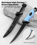 Side view of stainless high-carbon steel fillet knife with blue non-slip handle and sheath.