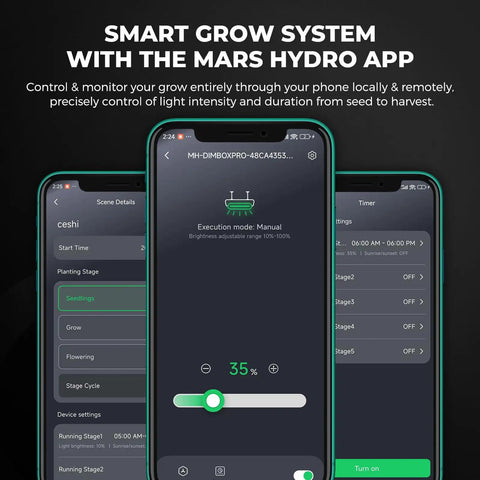 Smartphone display showing app interface for 4x4 Grow Tent Kit With Smart LED Light And App WiFi Control, 480W FC-E4800 settings