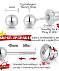 Sterling Silver Ball Screw Back Earrings for Women, Hypoallergenic 925 Studs With Safety Screw Back Posts, 4mm ball, 5mm back