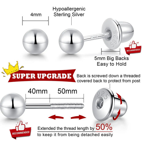 Sterling Silver Ball Screw Back Earrings for Women, Hypoallergenic 925 Studs With Safety Screw Back Posts, 4mm ball, 5mm back