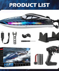 High Speed RC Boat 30KMH With Waterproof Hull, 7 LED Light Modes, 2.4GHz Remote, shown with accessories and original packaging.