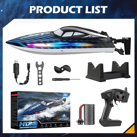 High Speed RC Boat 30KMH With Waterproof Hull, 7 LED Light Modes, 2.4GHz Remote, shown with accessories and original packaging.