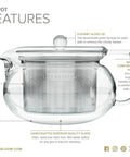 Kyoto 2-In-1 Tea Kettle And Tea Maker Glass Teapot with removable loose-leaf infuser, 24 oz borosilicate glass, side view.