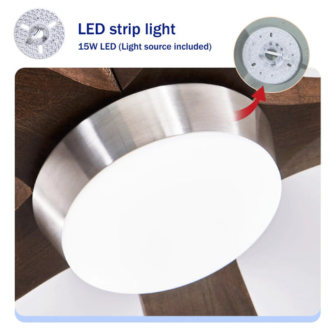 Close-up of LED light kit on 52" 5PCS Solid Wood Blades Ceiling Fan with Lights Remote Control, Nickel.