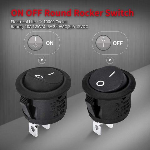 UL Listed 12V Round Rocker Switch SPST On Off 20mm Mini Circle Toggle, black switches with on and off label, 2 pin wiring