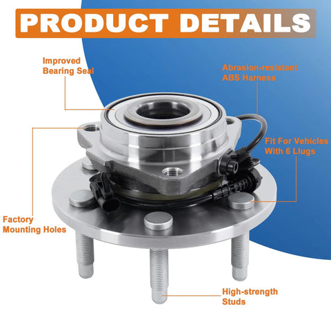 Beefed-Up Front Wheel Hub Bearing Assembly Pair For 4WD Only With ABS Fits 2007-2014 Cadillac Escalade 2007-2013 Chevy Silverado 1500 And 2007-2013 GMC Sierra 1500 6 Lug Bearing Steel ABS Sensor Included For Rugged Reliable Rides featuring high-strength studs and improved bearing seal.