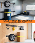 Built Tough E Track Tie Down Rail Kit 88 Piece Set in use in garage securing drum and tire with 6 rails and ratchet straps