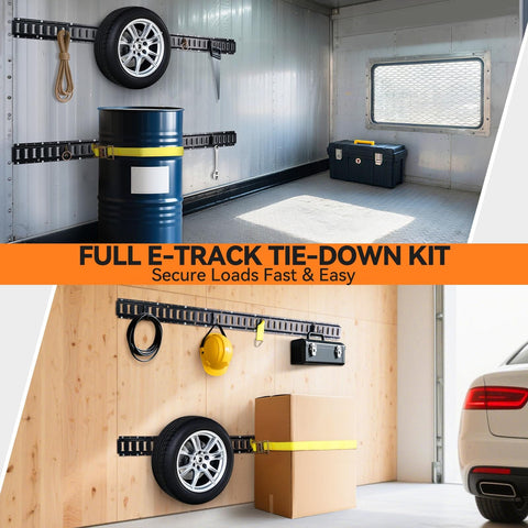 Built Tough E Track Tie Down Rail Kit 88 Piece Set in use in garage securing drum and tire with 6 rails and ratchet straps