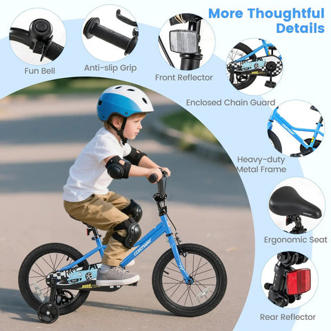 Child riding 16 Inch Kids Bike For Boys And Girls With Removable Training Wheels Pneumatic Tires Adjustable Seat And Handlebar