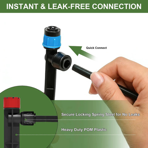 Smart Outdoor Drip Irrigation System With Quick Connect Tubing and Adjustable Sprinkler Heads in hand, showcasing leak-free design