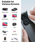 Microfiber cleaning cloth for screens; left device icons infographic and right close-up of cleaning a camera lens