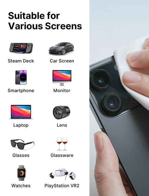 Microfiber cleaning cloth for screens; left device icons infographic and right close-up of cleaning a camera lens