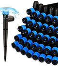 55 Piece Drip Emitter Stakes Kit With 360 Degree Adjustable Flow Fan Sprayer, blue emitters on black stakes with water spray