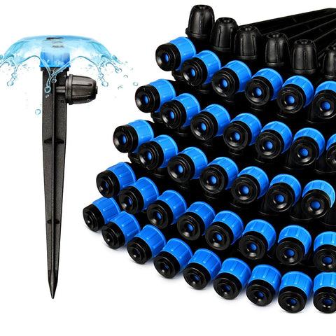 55 Piece Drip Emitter Stakes Kit With 360 Degree Adjustable Flow Fan Sprayer, blue emitters on black stakes with water spray
