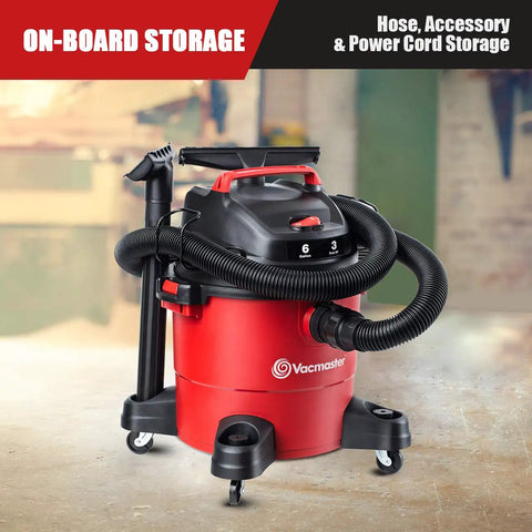 Red Workhorse Portable Wet Dry Vacuum For Home And Shop, 6 Gallon Tank, 3 Peak HP Motor, 360 Degree Swivel Casters