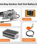 Components of All In One 48V LiFePO4 Golf Cart Battery Upgrade Kit With 56.8V Charger And 100Ah Capacity Built In 200A BMS LCD Touch Display.