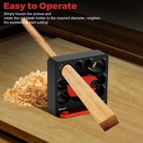 Slick No Sweat Drill Attachment Jig Kit For Turning Square Lumber Into Smooth Wooden Dowels Fast Solid Eight Size Range With Razor Sharp Carbide Blades For Hard Core Woodworking demonstrating easy operation.