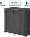 30 Cu Ft Waterproof Horizontal Resin Outdoor Storage Cabinet With Pad-Lockable Doors, shown with size dimensions.