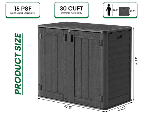 30 Cu Ft Waterproof Horizontal Resin Outdoor Storage Cabinet With Pad-Lockable Doors, shown with size dimensions.