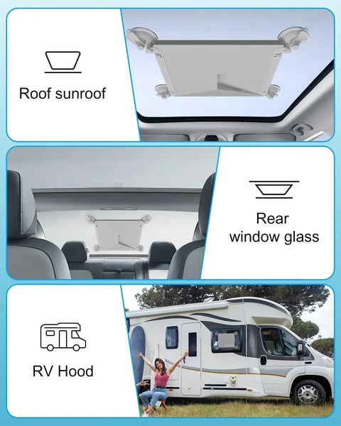 Hella Secure Starlink Mini Suction Cup Mount For Cars And Rvs With Heavy Duty Glass Suction Cups Non Slip Silicone Pads To Crush Bumpy Trails And Keep Your Setup Locked Down White mounted on a car roof sunroof.