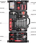147 Piece Home Tool Set With Storage Box Essential DIY Tools Kit Including Screwdrivers Adjustable Wrench Pliers Knife Bit Driver And Precision Bits For Home Car Dorm And Garage displayed open with tools organized.