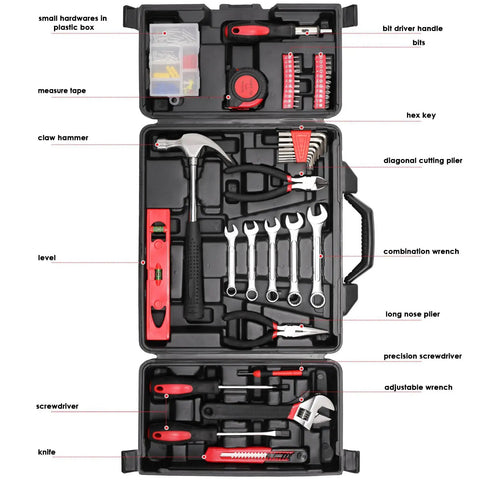 147 Piece Home Tool Set With Storage Box Essential DIY Tools Kit Including Screwdrivers Adjustable Wrench Pliers Knife Bit Driver And Precision Bits For Home Car Dorm And Garage displayed open with tools organized.