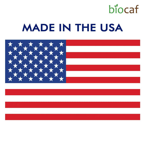 USA flag with text 'Made in the USA' and biocaf logo
