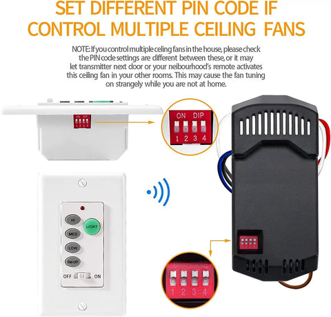 Universal Ceiling Fan Wall Remote Control With 3 Speeds And Light Dimmer, 4-DIP Switch, remote components and DIP switch illustration