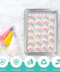 Disposable Aluminum Pans 5 Pack 13 By 17 Baking Sheets Heavy Duty Cookie Sheets with Icing Decor Tools on White Marble Surface