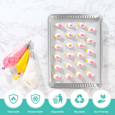 Disposable Aluminum Pans 5 Pack 13 By 17 Baking Sheets Heavy Duty Cookie Sheets with Icing Decor Tools on White Marble Surface